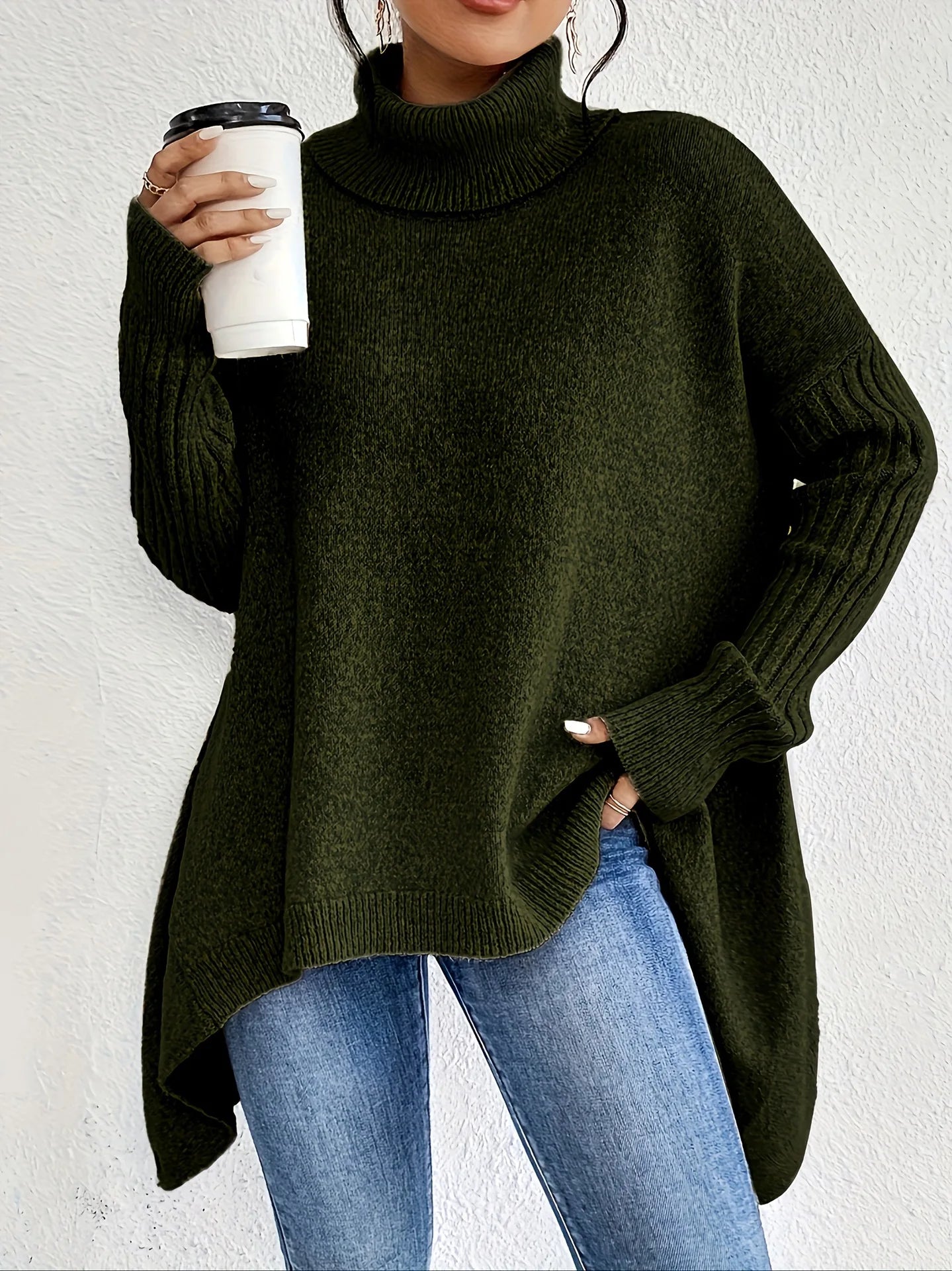 Women's Oversized Turtleneck Jumper with Asymmetrical Hem