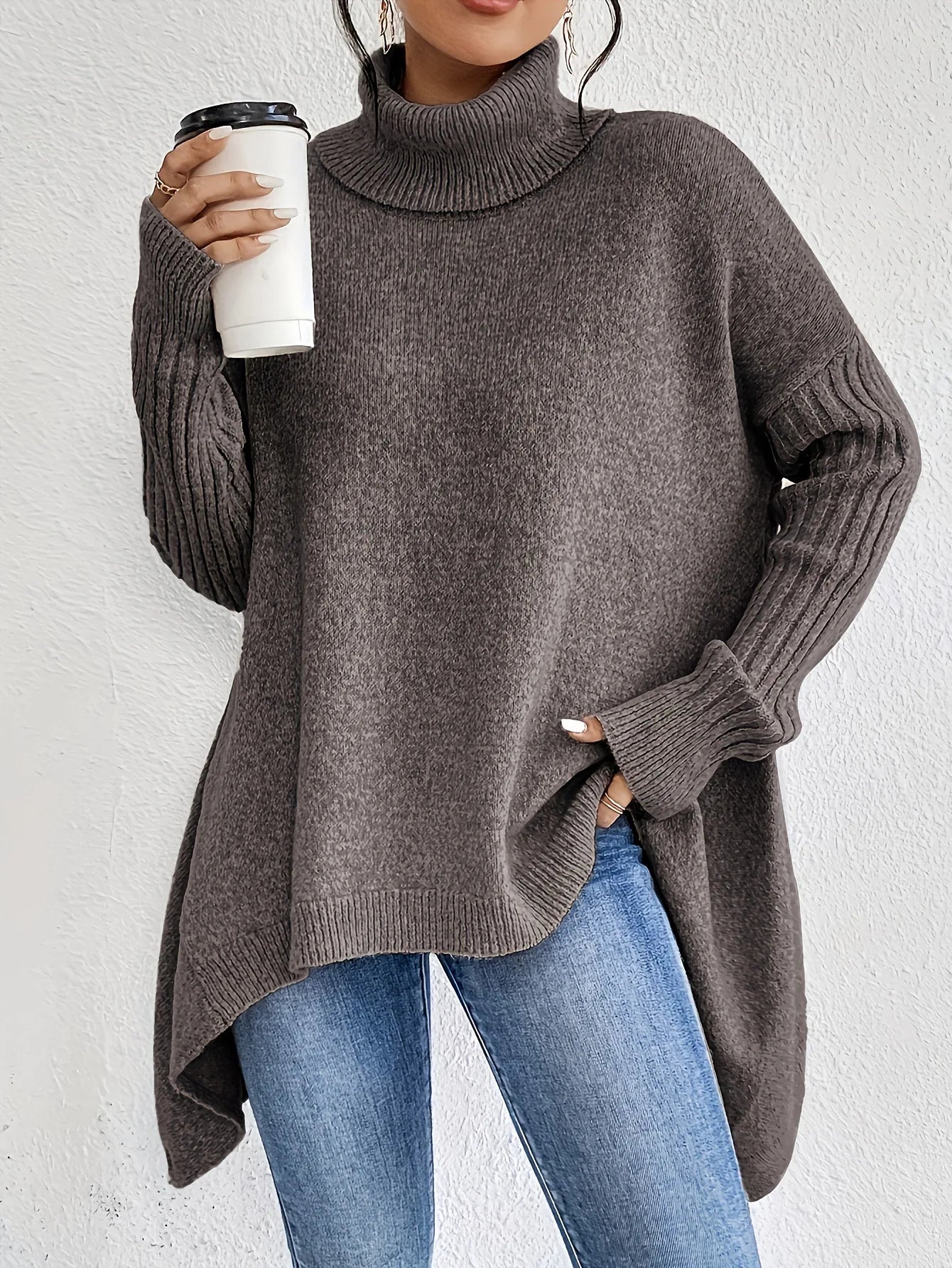 Women's Oversized Turtleneck Jumper with Asymmetrical Hem