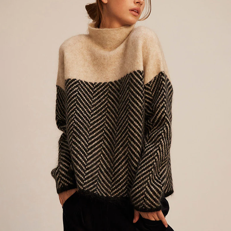 Women's Oversized Turtleneck Jumper with Herringbone Pattern