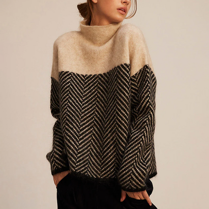 Women's Oversized Turtleneck Jumper with Herringbone Pattern