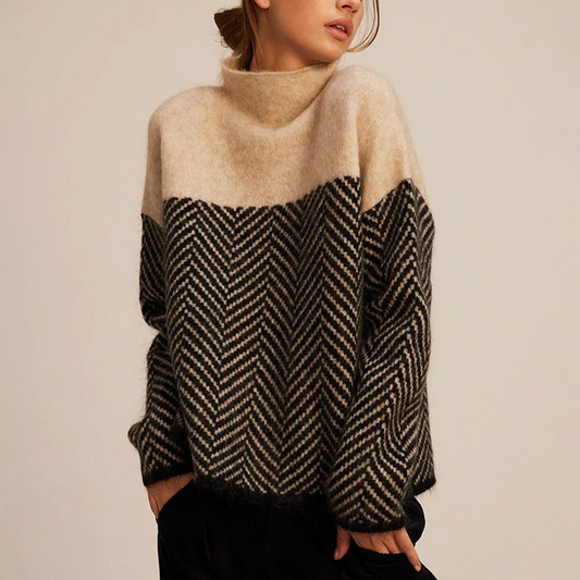 Women's Oversized Turtleneck Jumper with Herringbone Pattern