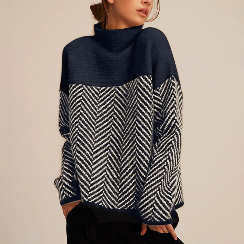 Women's Oversized Turtleneck Jumper with Herringbone Pattern