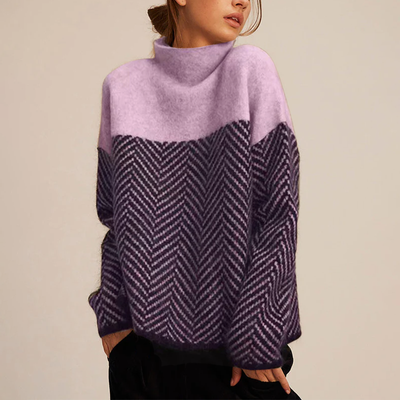 Women's Oversized Turtleneck Jumper with Herringbone Pattern
