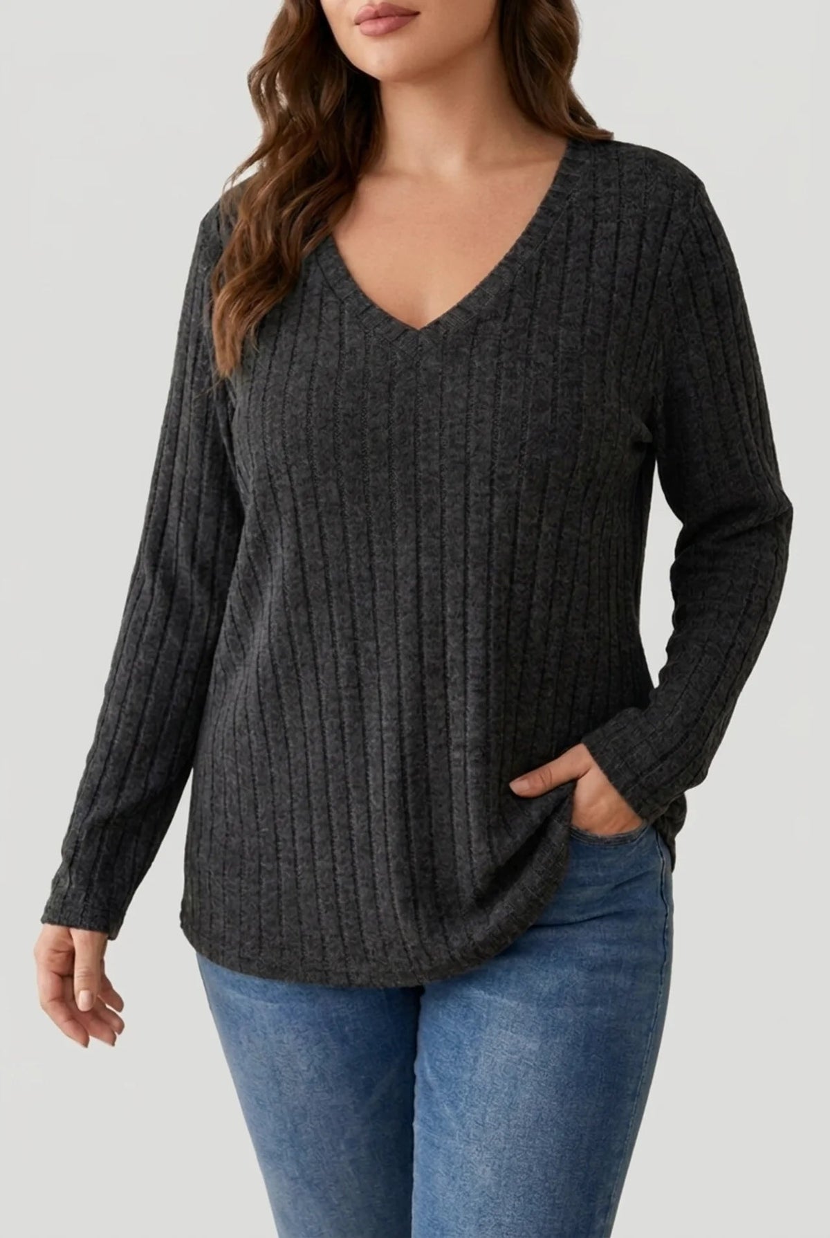 Women's Plus Size Ribbed Jumper in Soft Knit with Long Sleeves