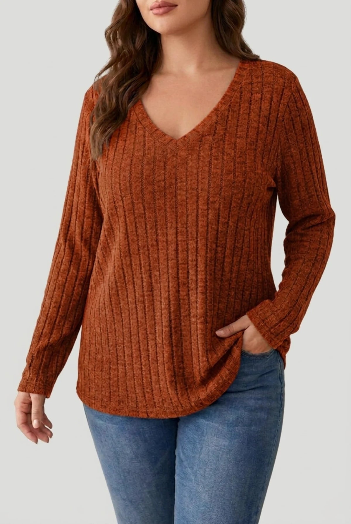 Women's Plus Size Ribbed Jumper in Soft Knit with Long Sleeves