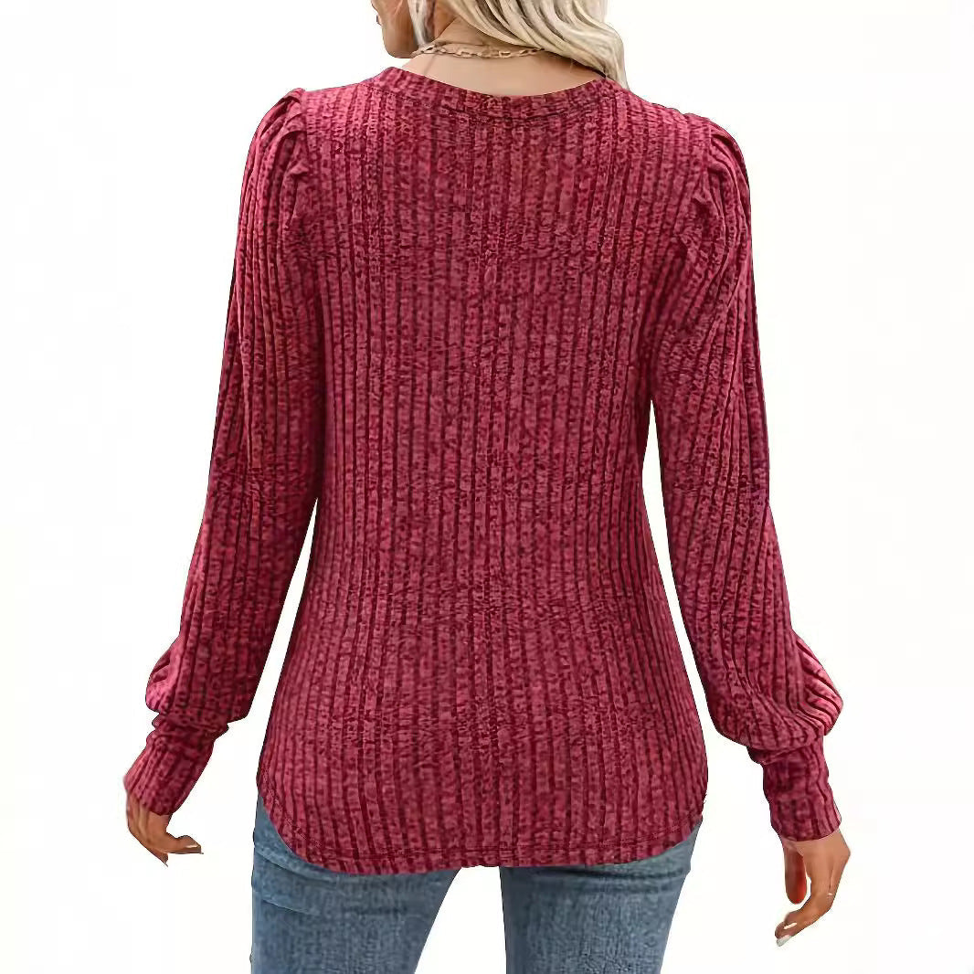 Women's Ribbed Turtleneck Jumper with Puff Sleeves