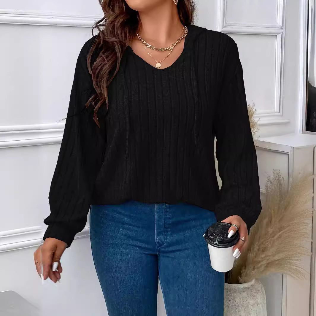 Women's Ribbed V-Neck Long Sleeve Top in Lightweight Fabric