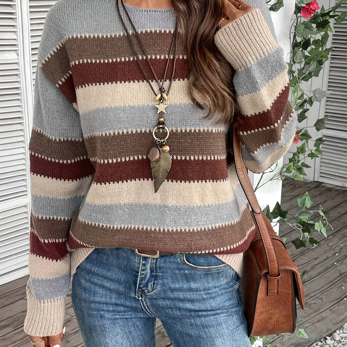 Women's Round Neck Chunky Knit Jumper in Colourful Design