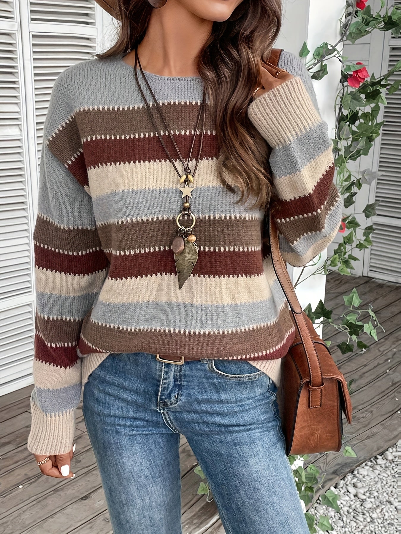 Women's Round Neck Chunky Knit Jumper in Colourful Design