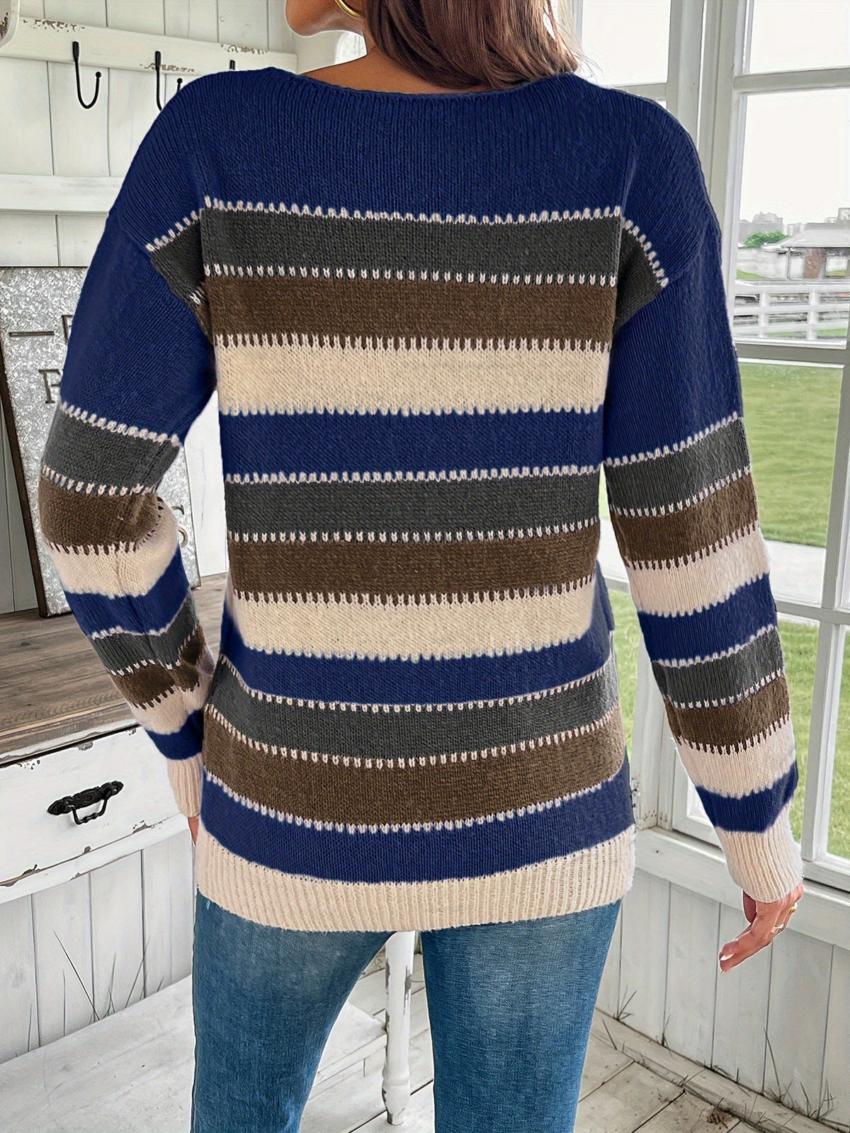 Women's Round Neck Chunky Knit Jumper in Colourful Design