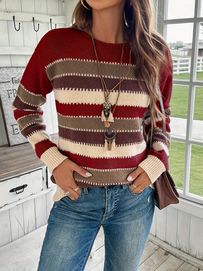 Women's Round Neck Chunky Knit Jumper in Colourful Design