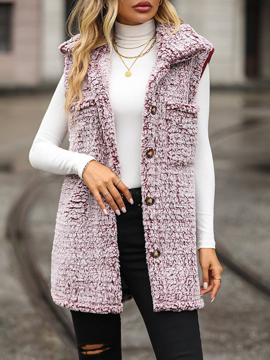 Women's Sleeveless Hooded Cardigan with Pockets and Buttoned Closure