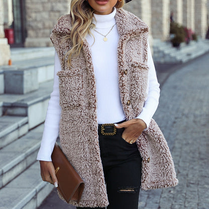 Women's Sleeveless Hooded Cardigan with Pockets and Buttoned Closure