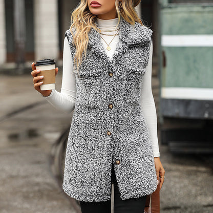 Women's Sleeveless Hooded Cardigan with Pockets and Buttoned Closure