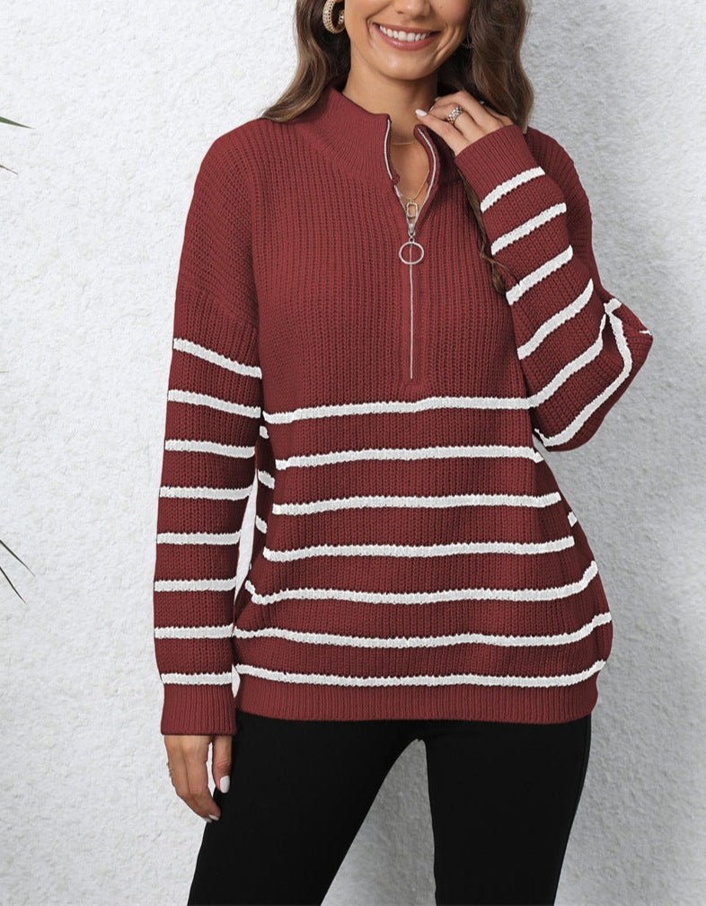 Women's Striped Chunky Knit Jumper with Half-Zip Collar