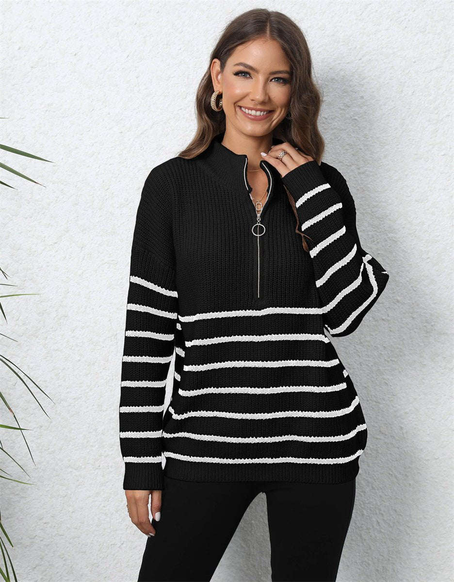 Women's Striped Chunky Knit Jumper with Half-Zip Collar