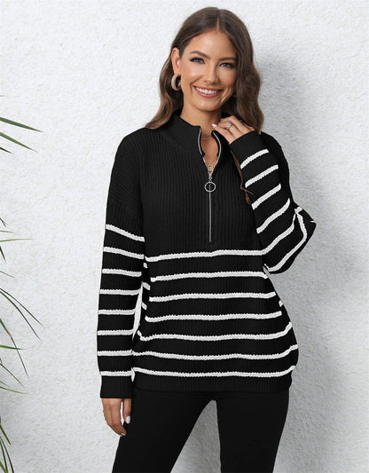 Women's Striped Chunky Knit Jumper with Half-Zip Collar