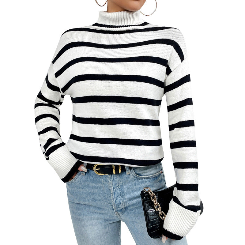 Women's Striped High-Neck Jumper in Soft Knit Fabric