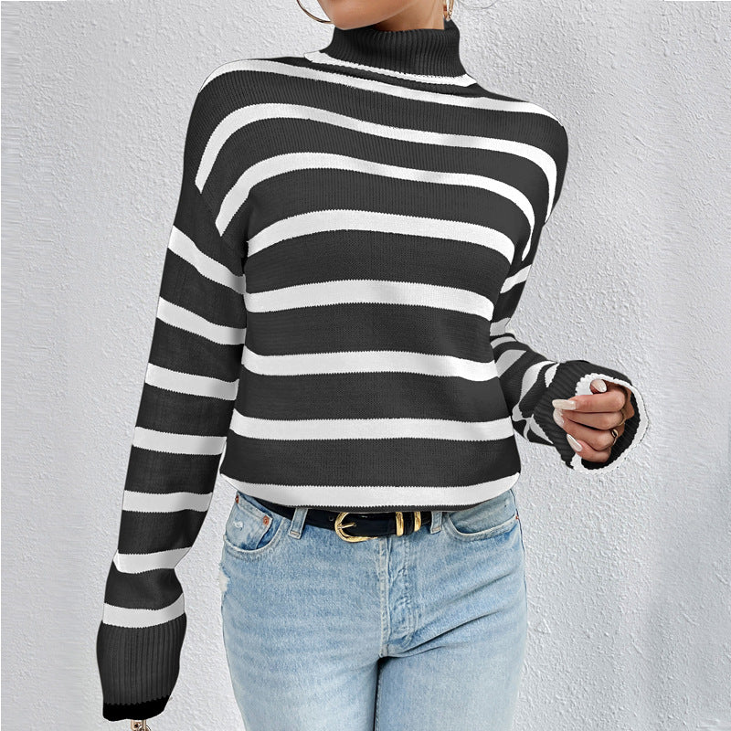 Women's Striped High-Neck Jumper in Soft Knit Fabric