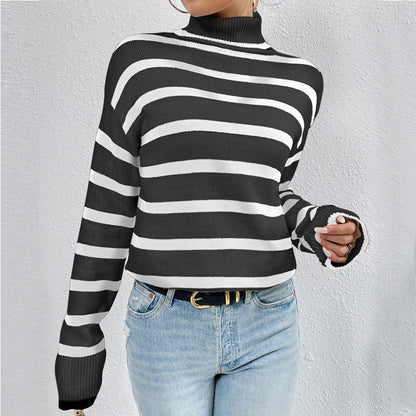 Women's Striped High-Neck Jumper in Soft Knit Fabric