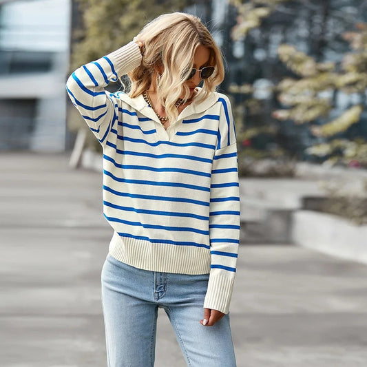 Women's Striped Jumper with V-Neck and Ribbed Cuffs