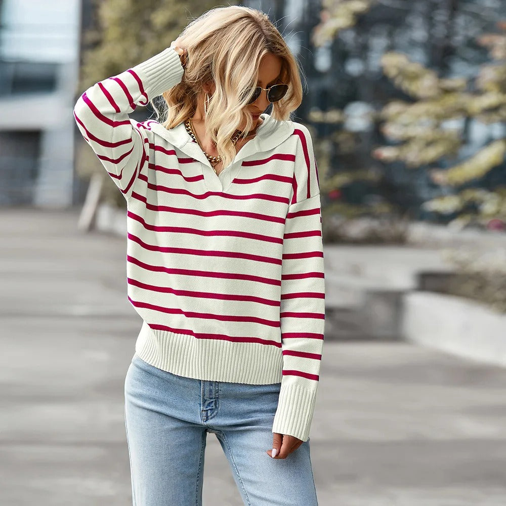 Women's Striped Jumper with V-Neck and Ribbed Cuffs