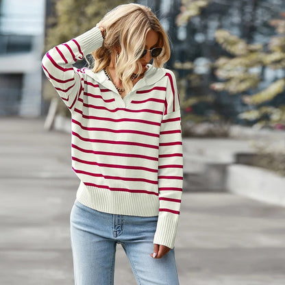 Women's Striped Jumper with V-Neck and Ribbed Cuffs