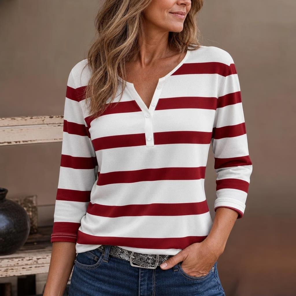 Women's Striped V-Neck Jumper in Lightweight Knit Fabric