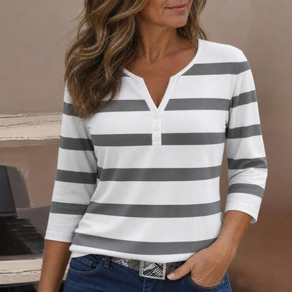 Women's Striped V-Neck Jumper in Lightweight Knit Fabric