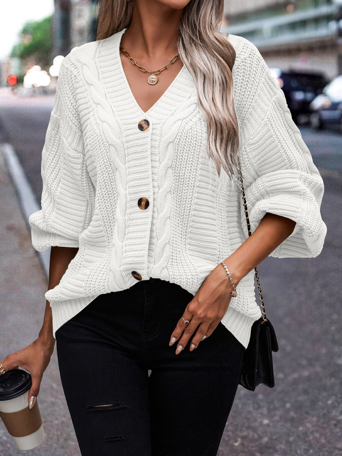Women's Textured Knit Cardigan with Button Front and V-Neck