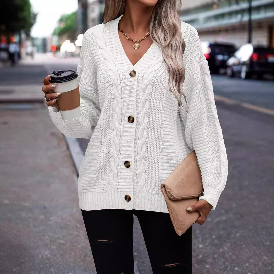 Women's Textured Knit Cardigan with Button Front and V-Neck