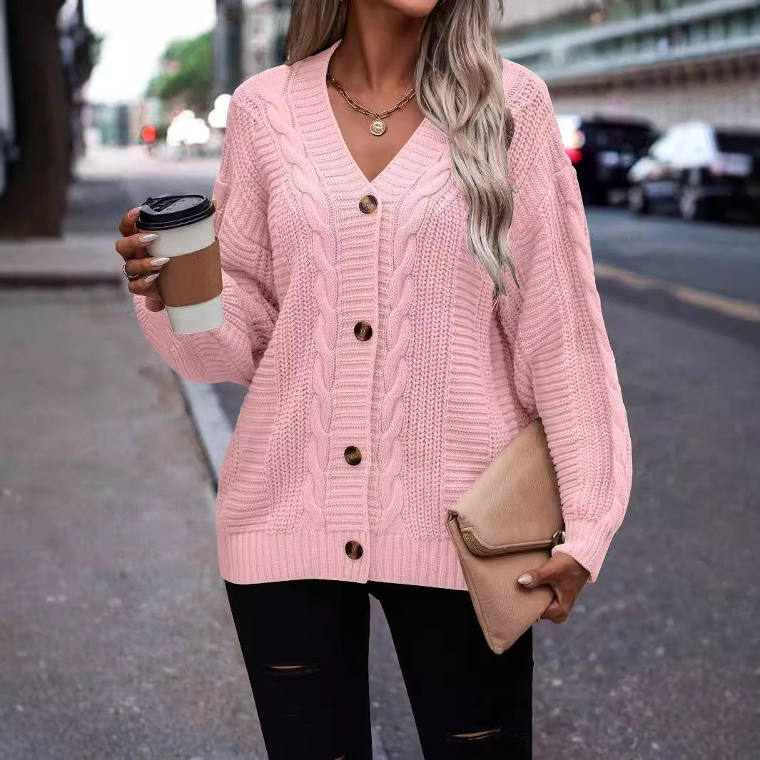 Women's Textured Knit Cardigan with Button Front and V-Neck
