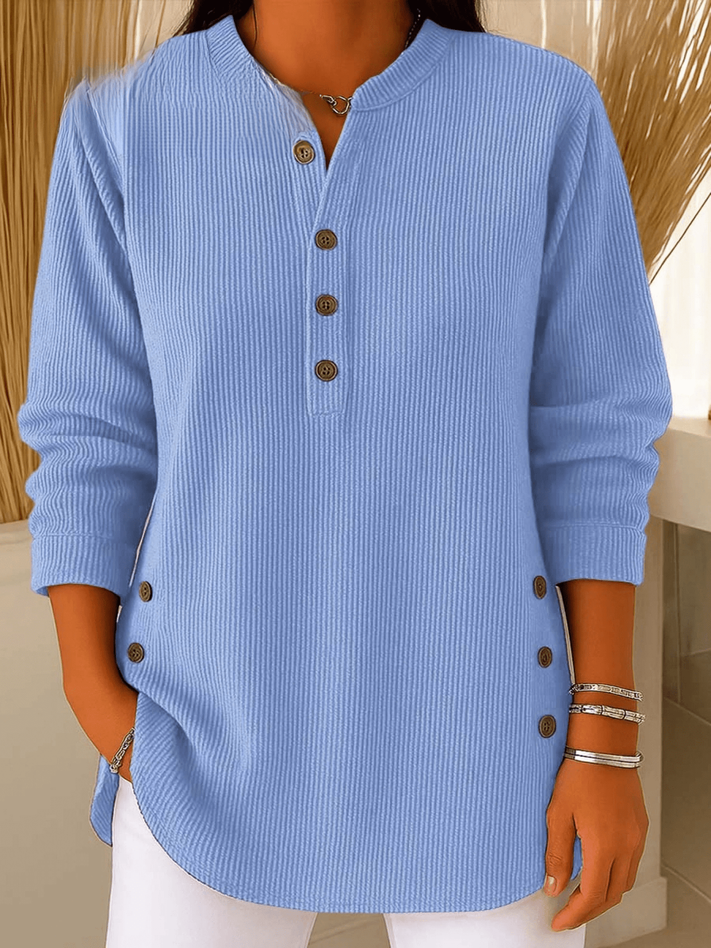 Women's Tunic Tops for Women with Henley Neckline and Buttoned Details