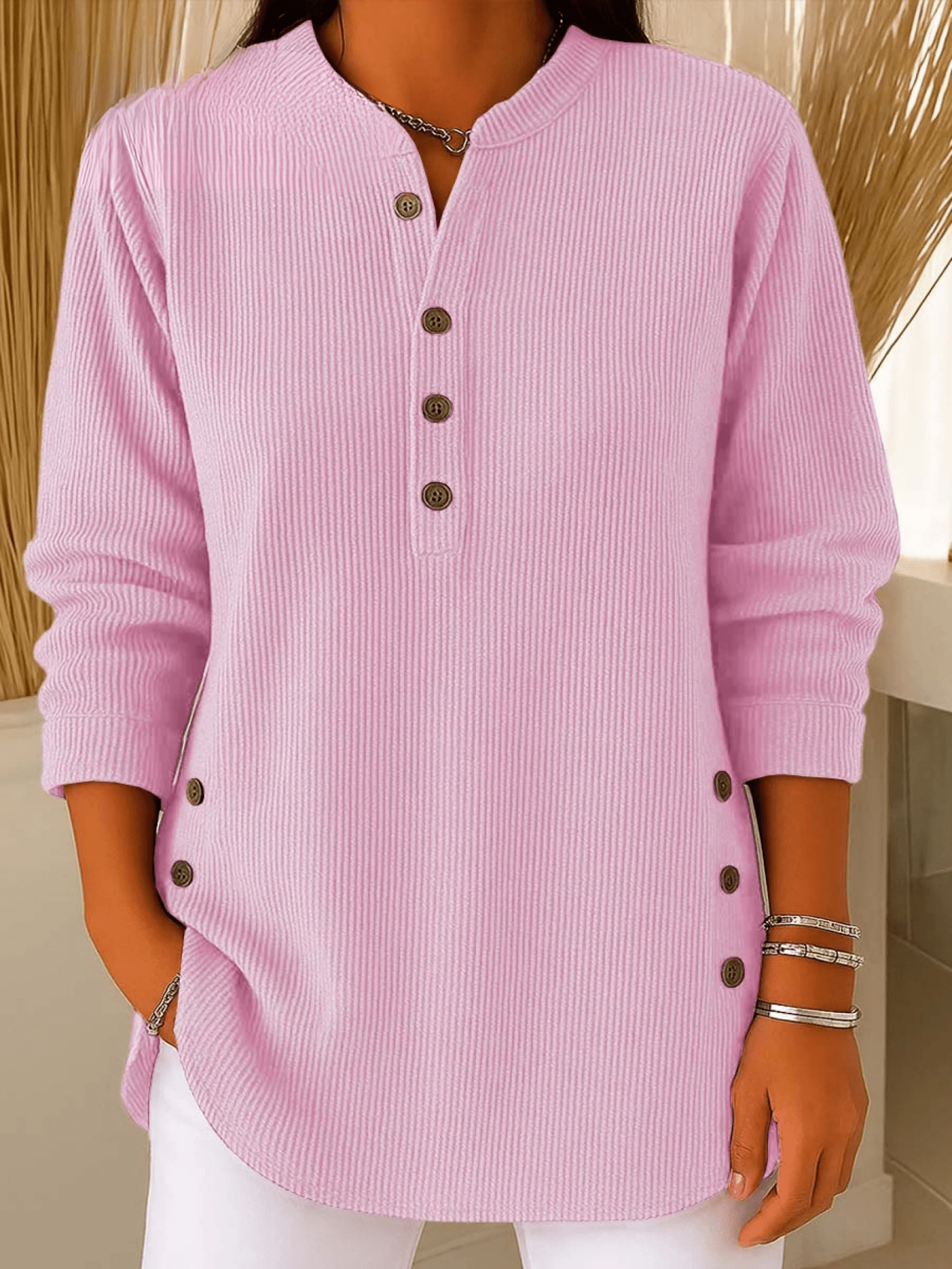 Women's Tunic Tops for Women with Henley Neckline and Buttoned Details