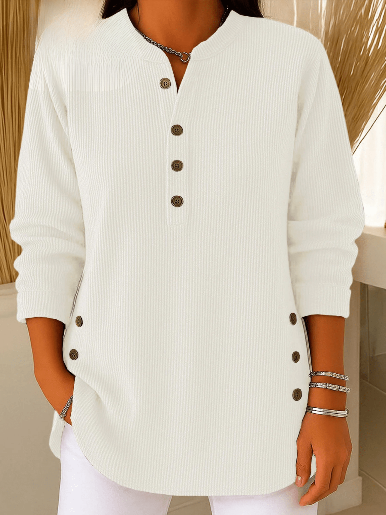 Women's Tunic Tops for Women with Henley Neckline and Buttoned Details