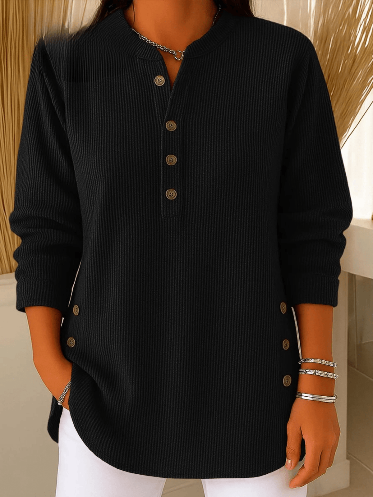 Women's Tunic Tops for Women with Henley Neckline and Buttoned Details