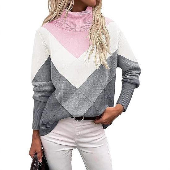 Women's Turtleneck Jumper with Geometric Pattern and Reinforced Seams