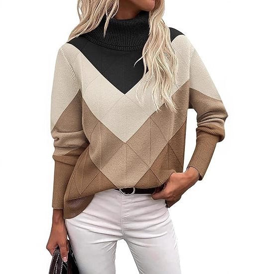Women's Turtleneck Jumper with Geometric Pattern and Reinforced Seams