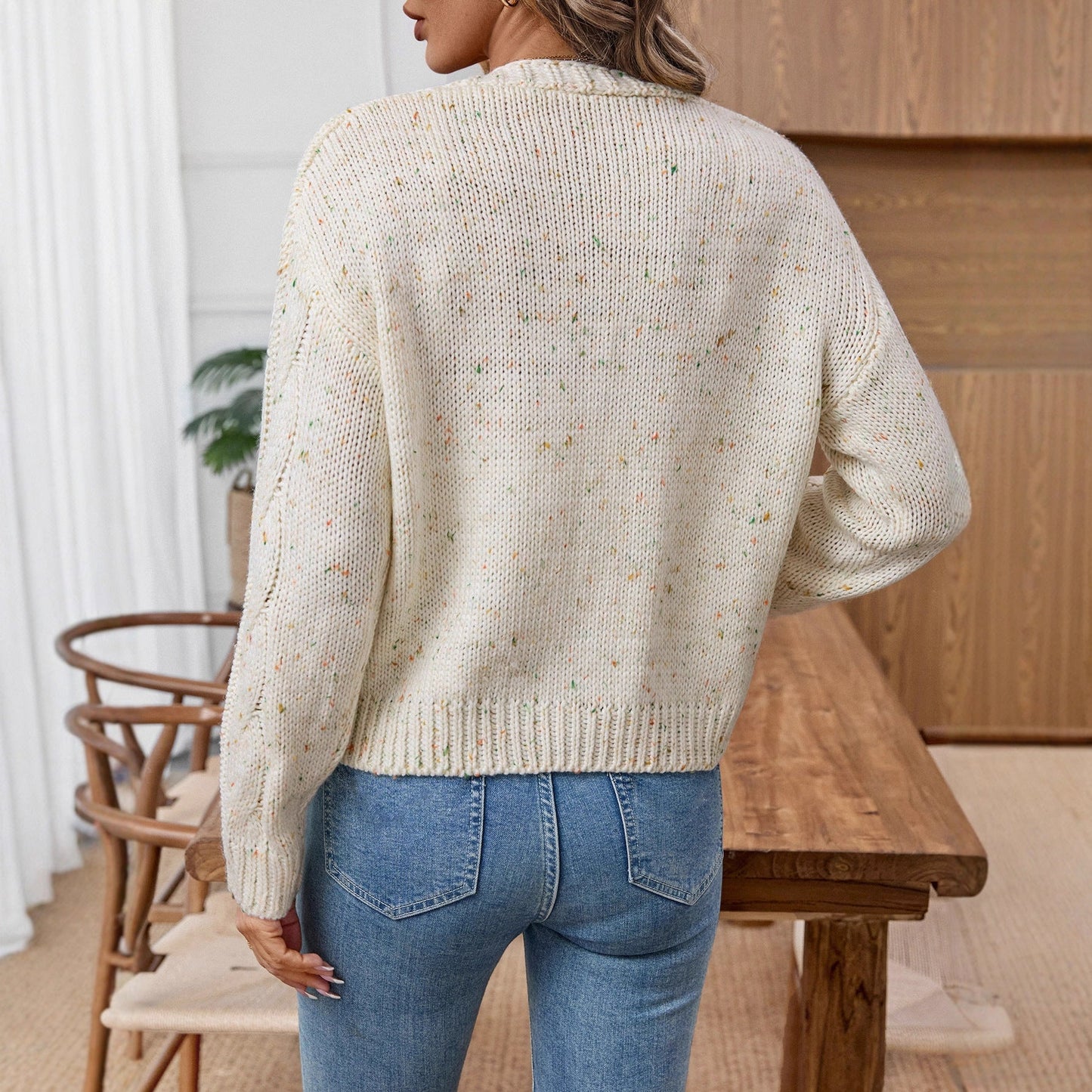 Women's Twisted Pattern Cardigan with Buttoned Neckline in Cream