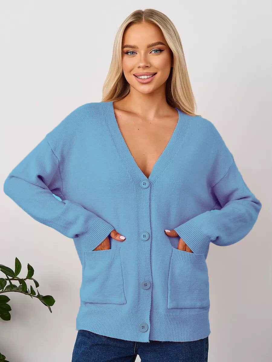 Women's V-Neck Cardigan with Button Front and Practical Pockets