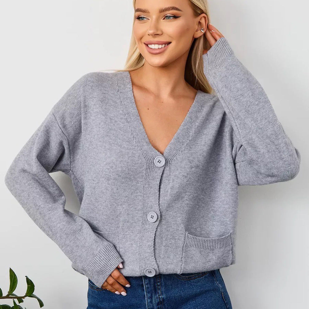 Women's V-Neck Cardigan with Button Front and Practical Pockets