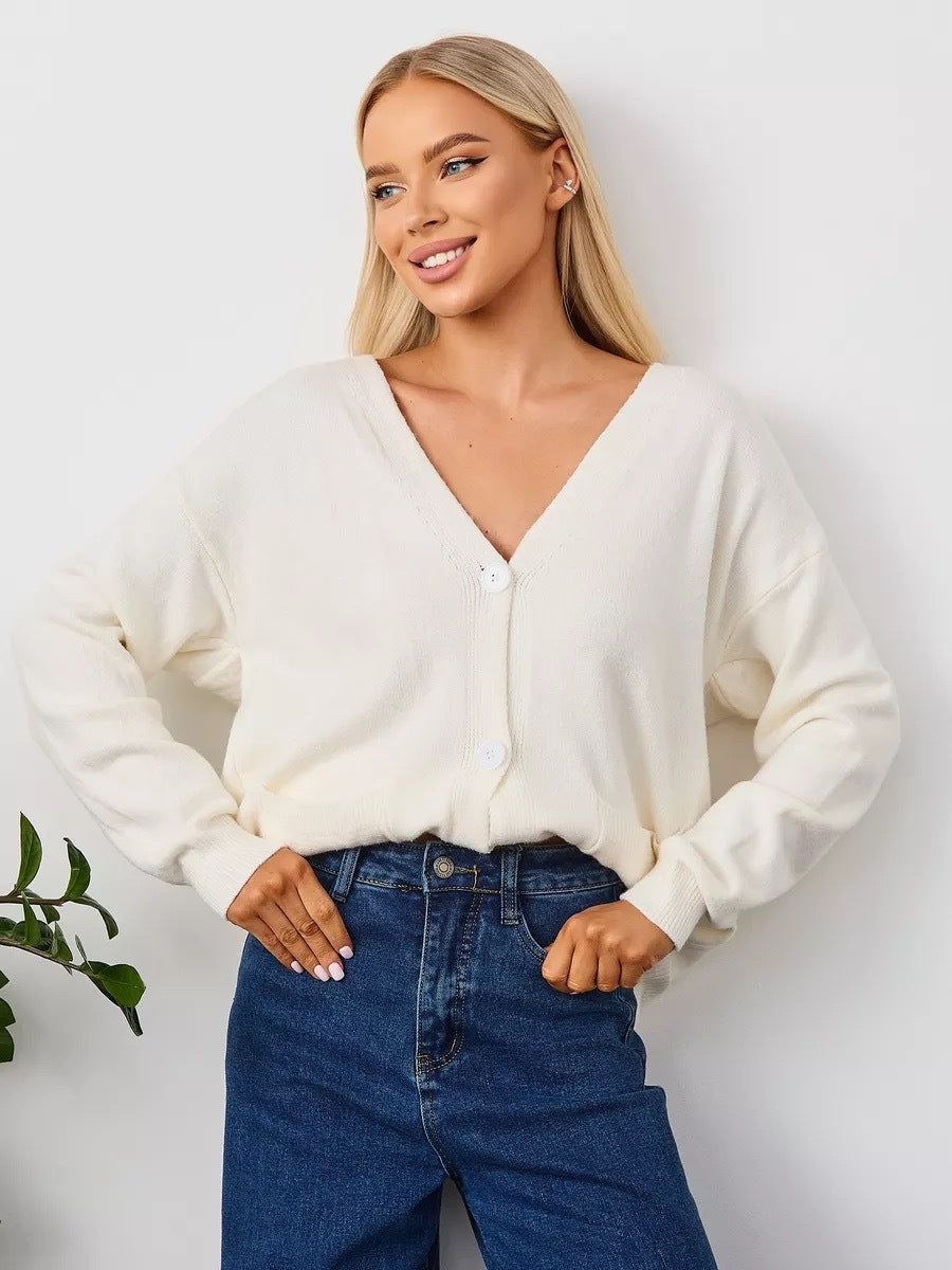 Women's V-Neck Cardigan with Button Front and Practical Pockets