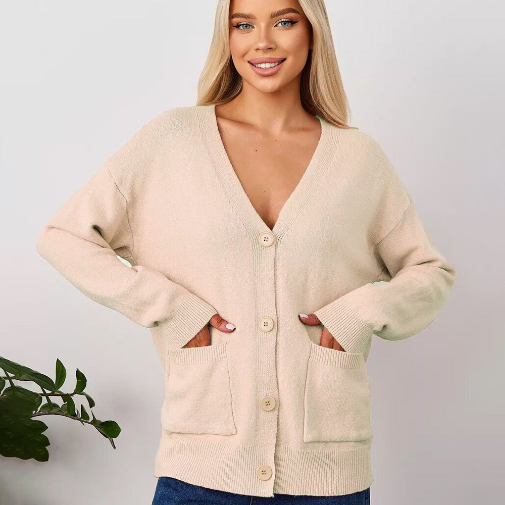 Women's V-Neck Cardigan with Button Front and Practical Pockets
