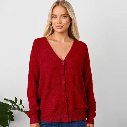 Women's V-Neck Cardigan with Button Front and Practical Pockets