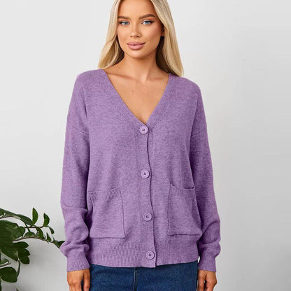 Women's V-Neck Cardigan with Button Front and Practical Pockets