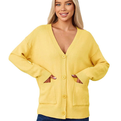 Women's V-Neck Cardigan with Button Front and Practical Pockets