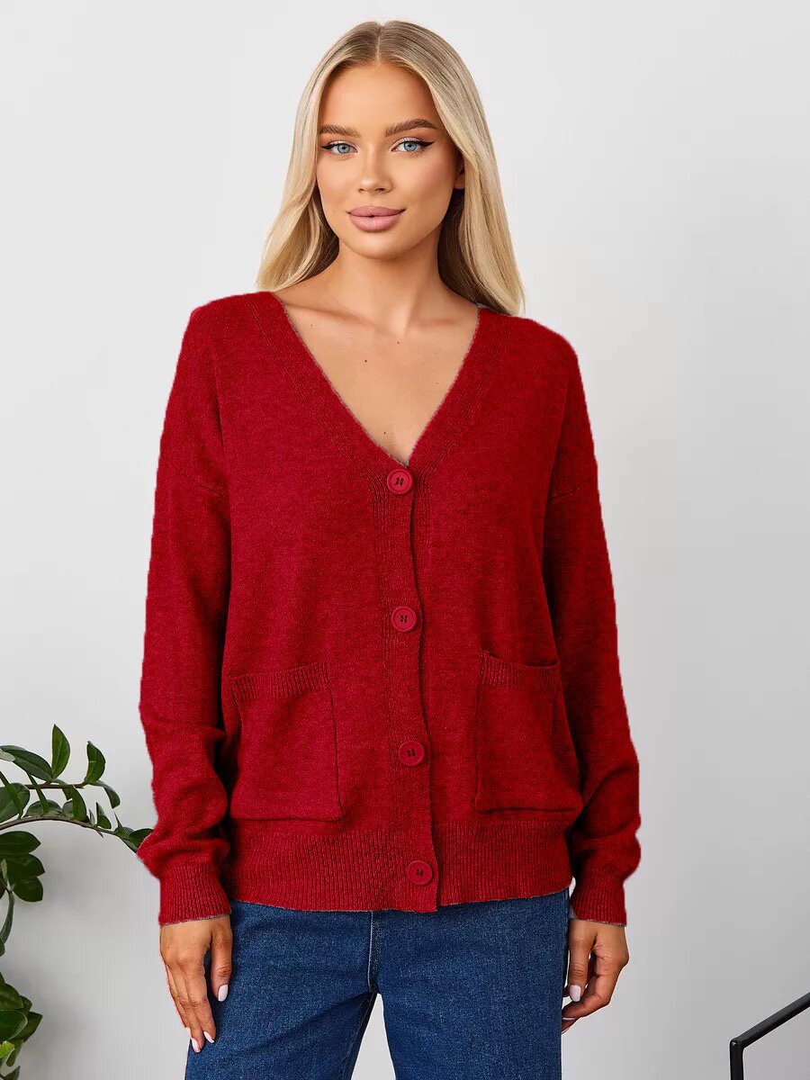 Women's V-Neck Cardigan with Button Front and Practical Pockets