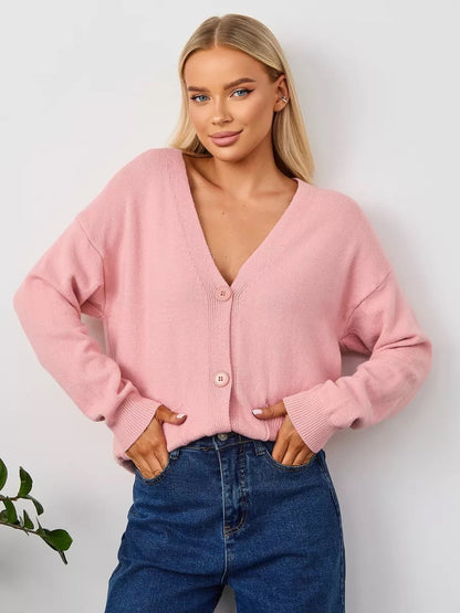 Women's V-Neck Cardigan with Button Front and Practical Pockets