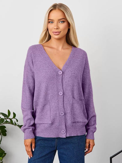 Women's V-Neck Cardigan with Button Front and Practical Pockets