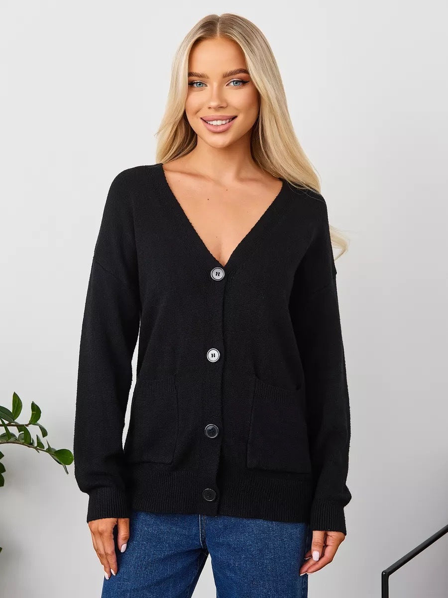 Women's V-Neck Cardigan with Button Front and Practical Pockets